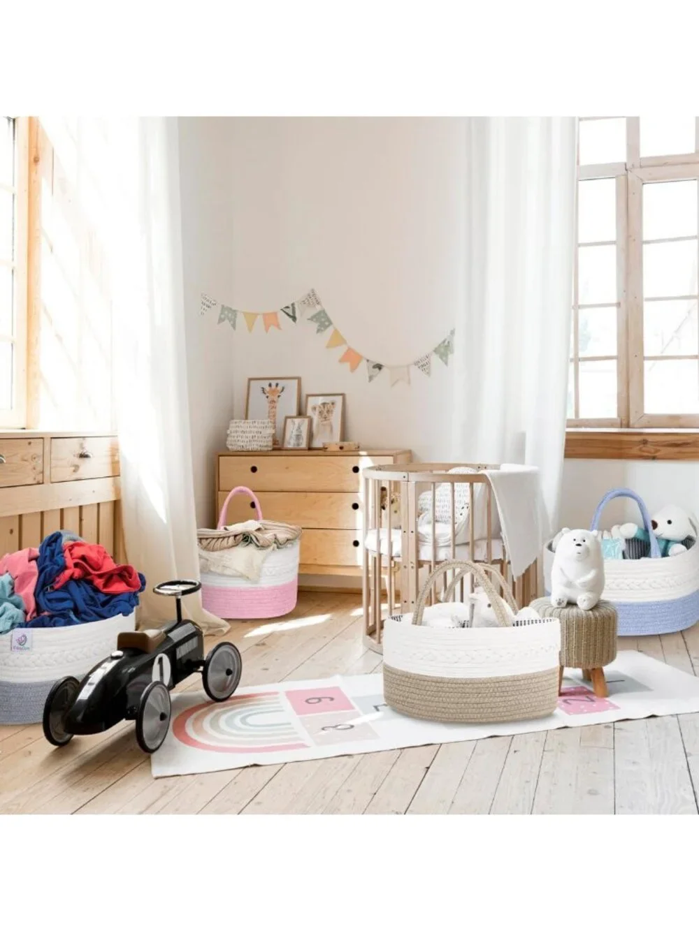 Large Gray Woven Diaper Caddy Organizer | Multi-Functional Baby Storage Basket